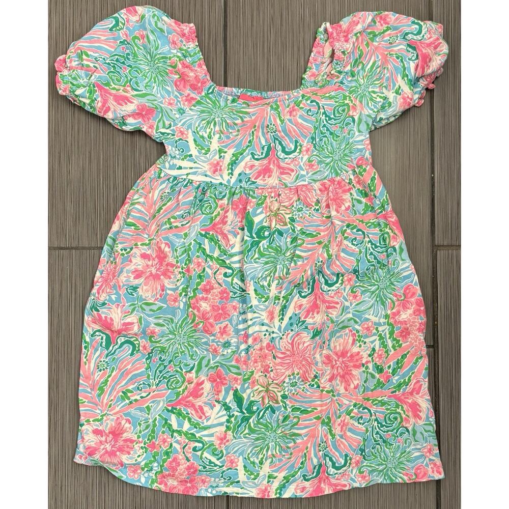 Lilly Pulitzer Mini Delaney Dress "Amalfi Blue Leaf It Wild" Pattern Girls 8/10